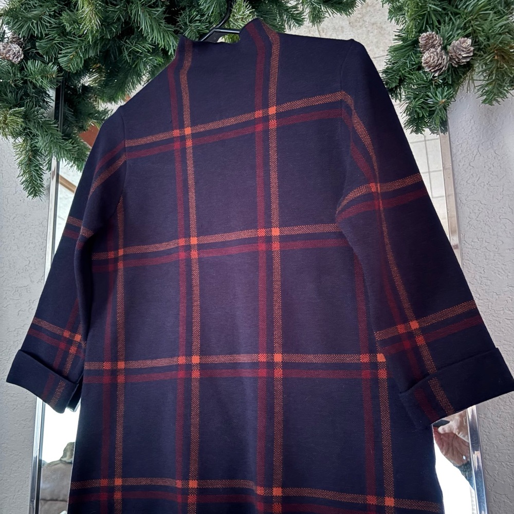 Max Studio Navy, Orange and Red Plaid Turtleneck Sweater